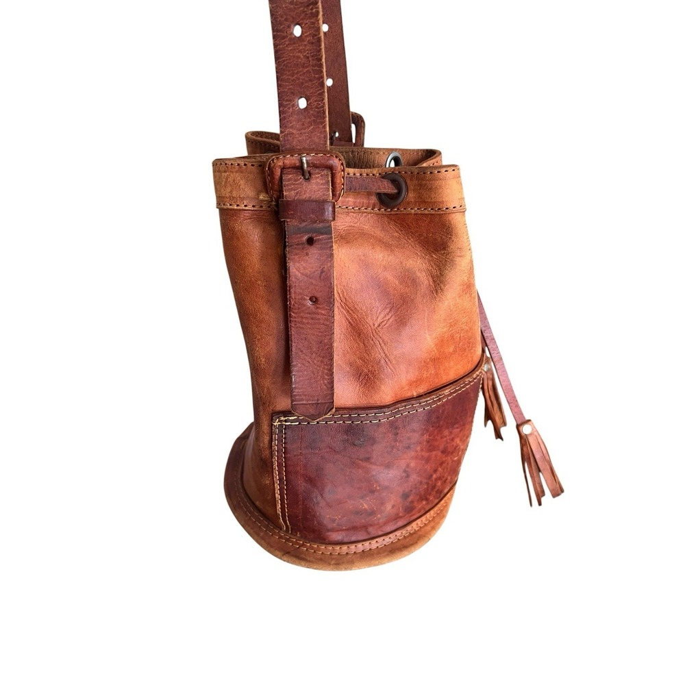 Vintage Genuine Leather Bucket Bag Distressed Leather Drawstring Front Pockets - Picture 4 of 16